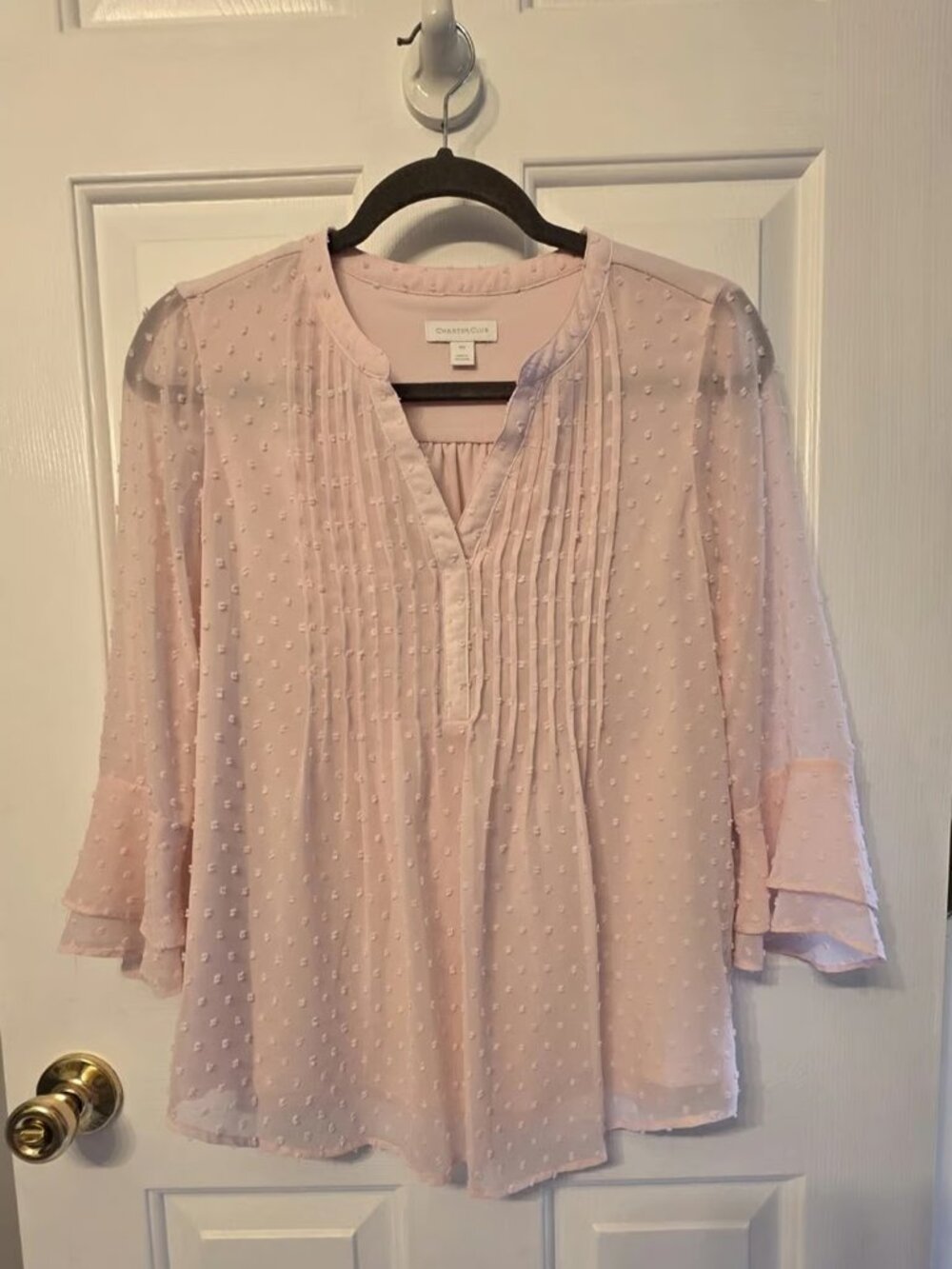 Charter Club Pink Swiss Dot Pintuck Blouse Doubles Ruffle 3/4 Sleeve Top Sz PS